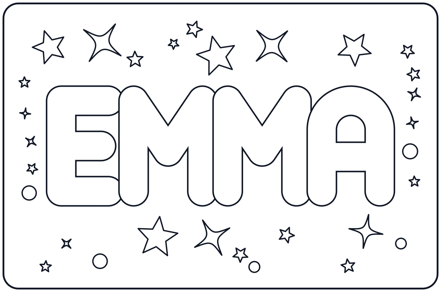 Emma in hollow bubble letters surrounded by stars on a printable name coloring page