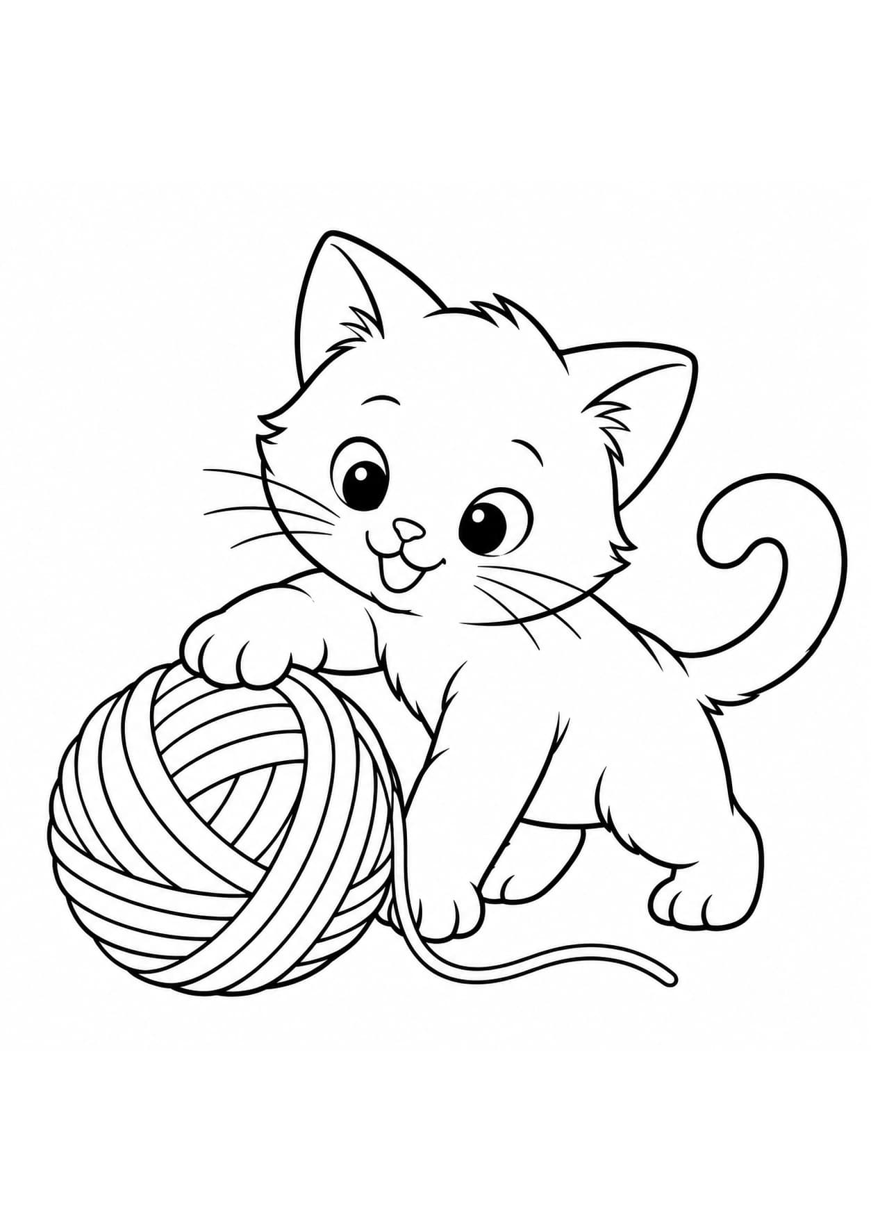 Easy cat coloring page of a kitten playing with a ball of yarn