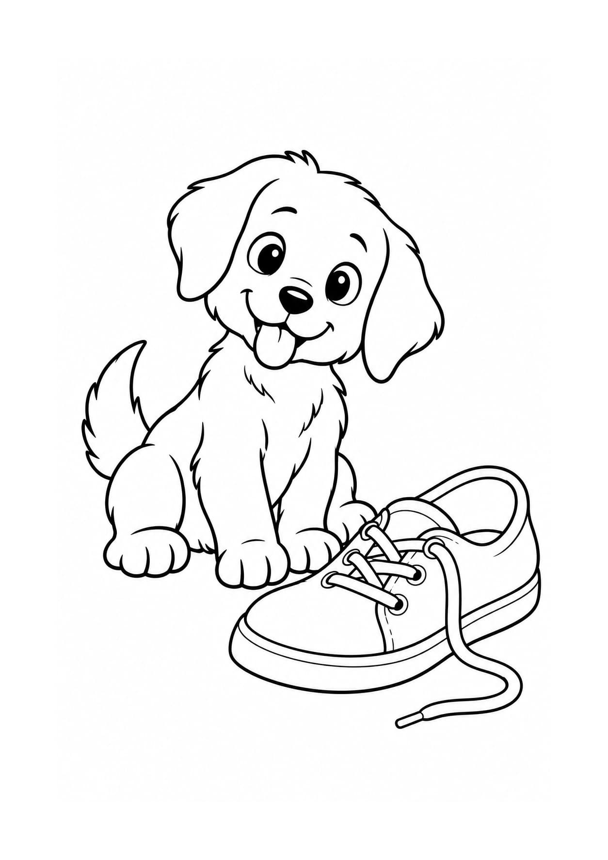 Easy dog coloring page of a playful puppy beside a shoe
