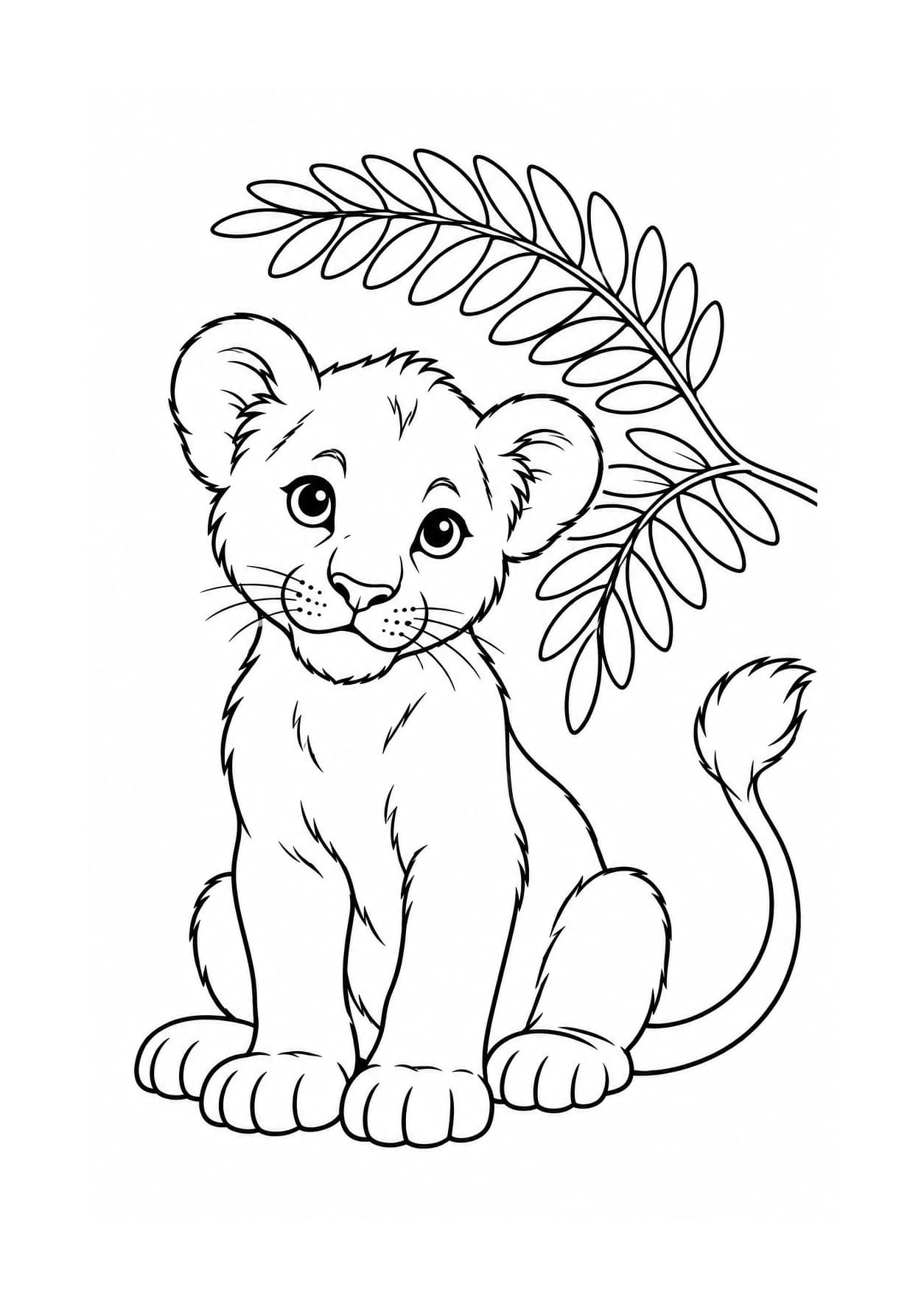 Easy lion coloring page of a lion cub beside a leaf
