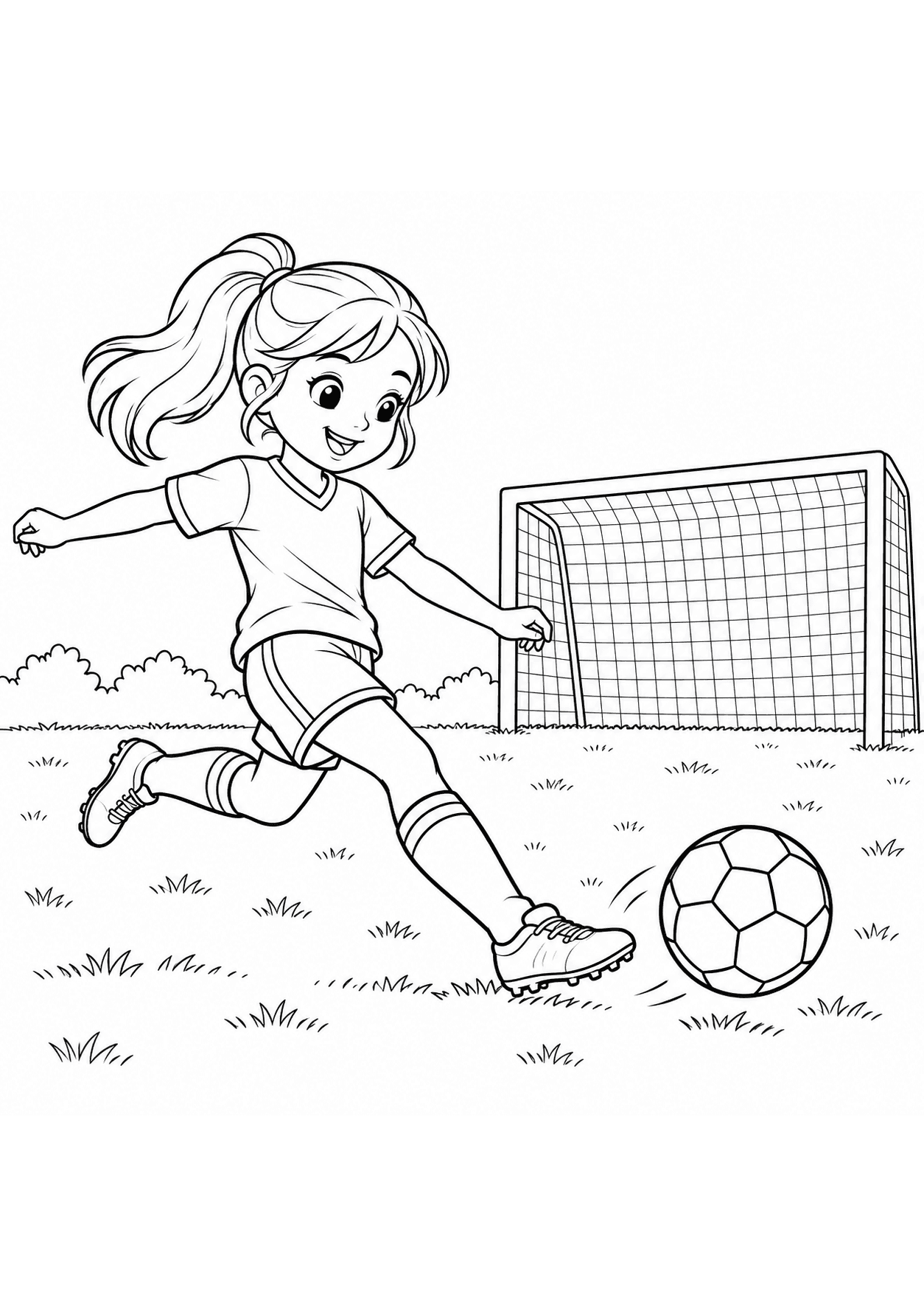 Soccer coloring page of a girl kicking a ball toward a goal