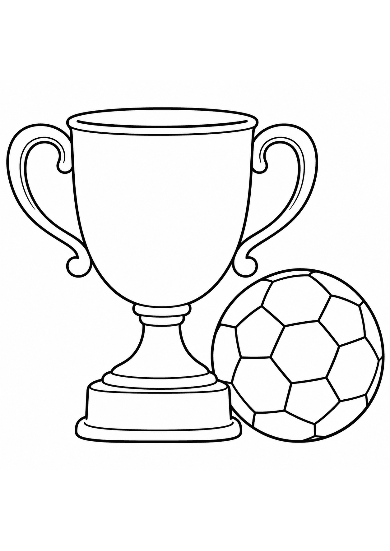 Easy soccer coloring page of a trophy cup beside a soccer ball