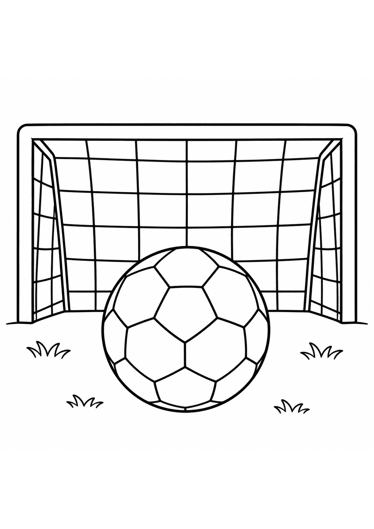 Easy soccer coloring page of a ball in front of a goal