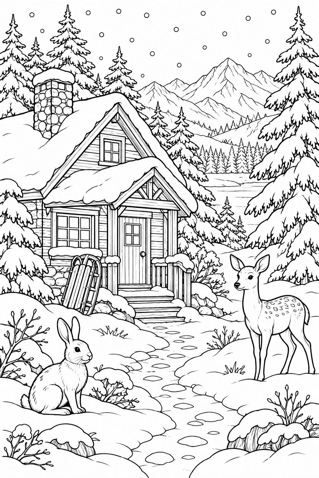 Detailed winter coloring page of a cabin among snowy pine trees with a sled and woodland animals