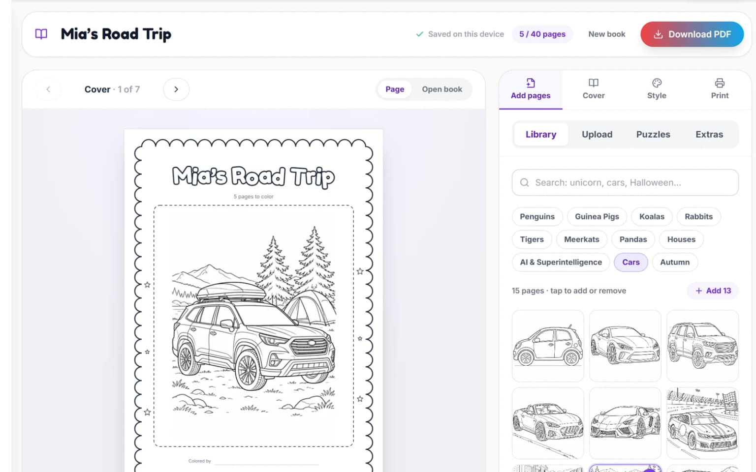 The Coloring Book Studio showing a road-trip cover with an SUV, the page library and the Download PDF button