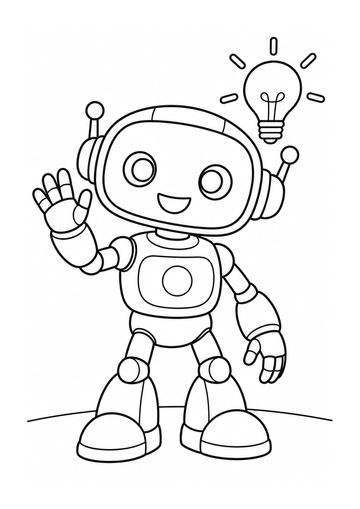 Easy AI coloring page of a friendly robot waving beside a light bulb
