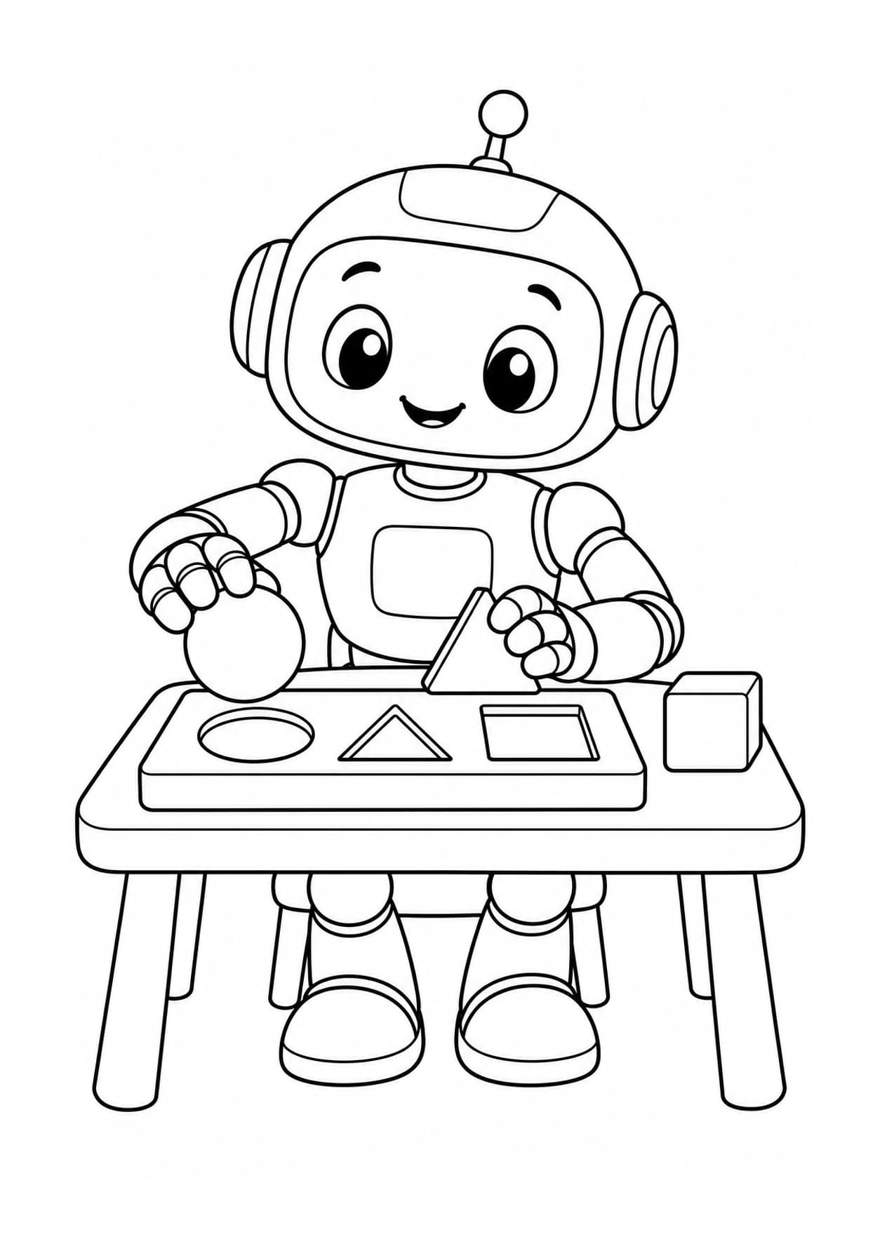Easy artificial intelligence coloring page of a robot sorting a circle, triangle and square