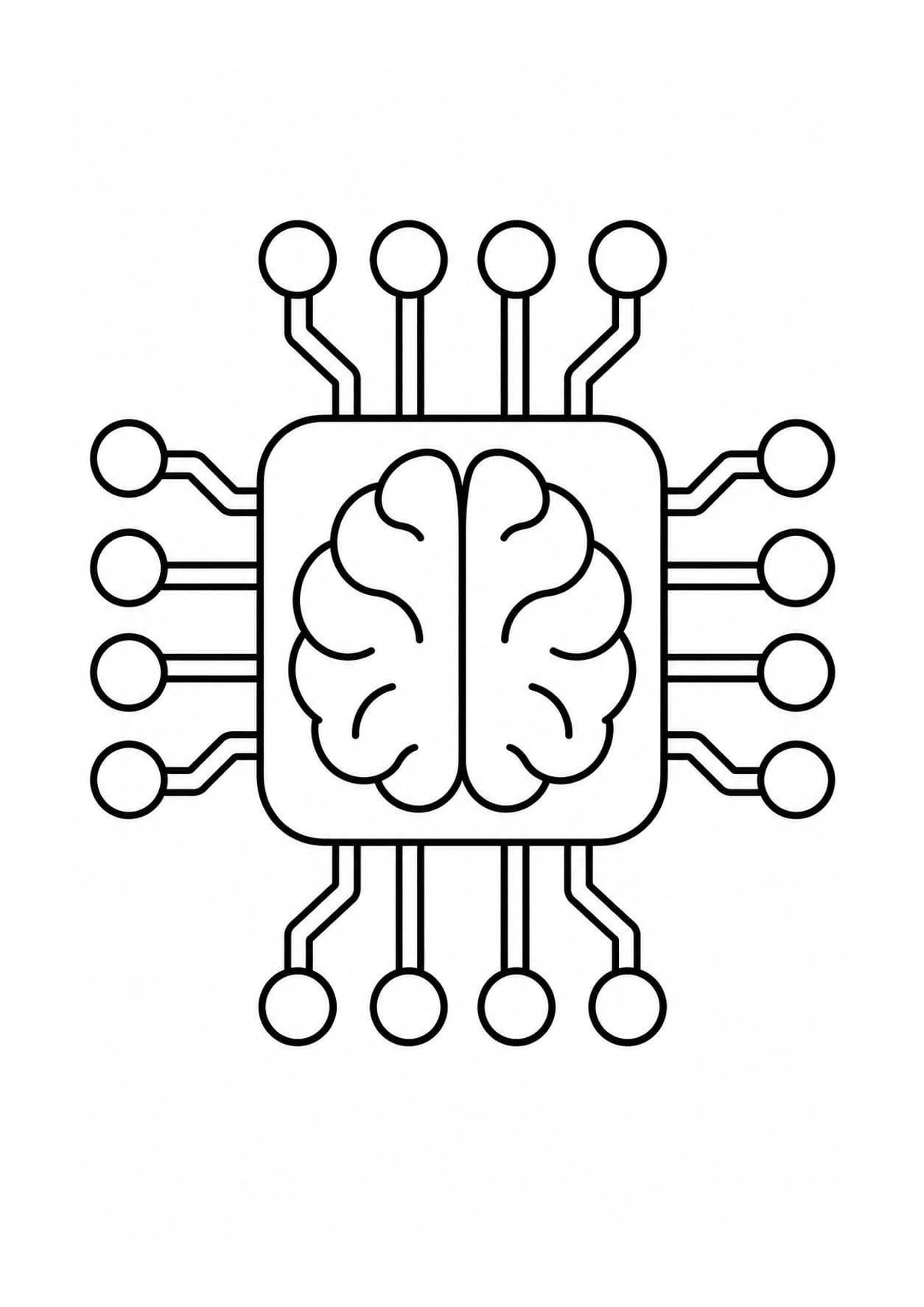 Easy AI coloring page of an outlined brain on a computer chip with simple circuit paths
