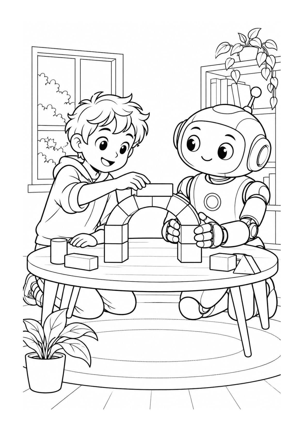 Artificial intelligence coloring page of a child and a robot building a bridge from blocks