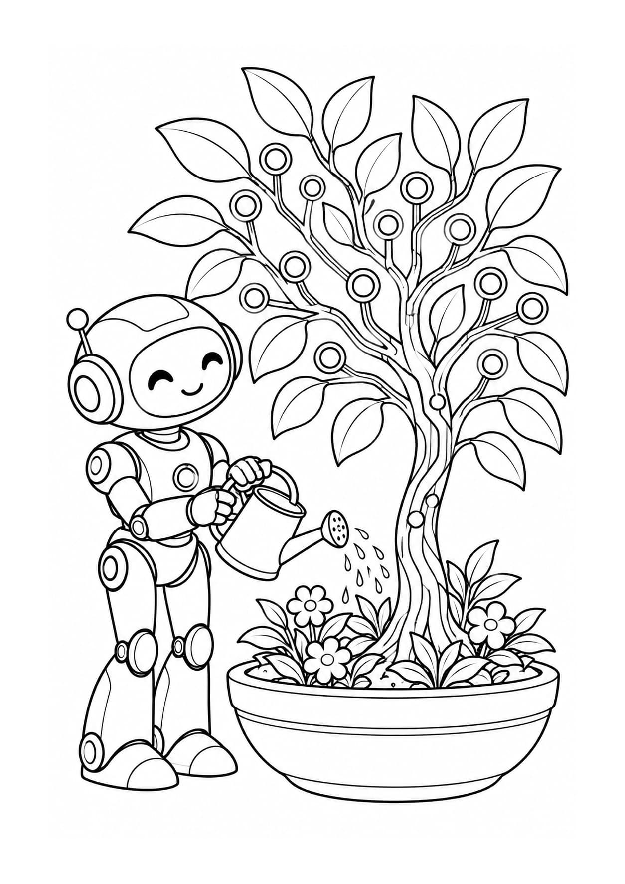 AI coloring page of a robot tending a tree whose branches form a network of connected nodes