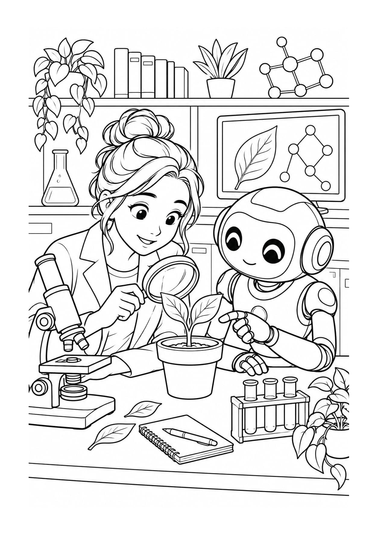 Artificial intelligence coloring page of a scientist and a robot examining a plant in a laboratory