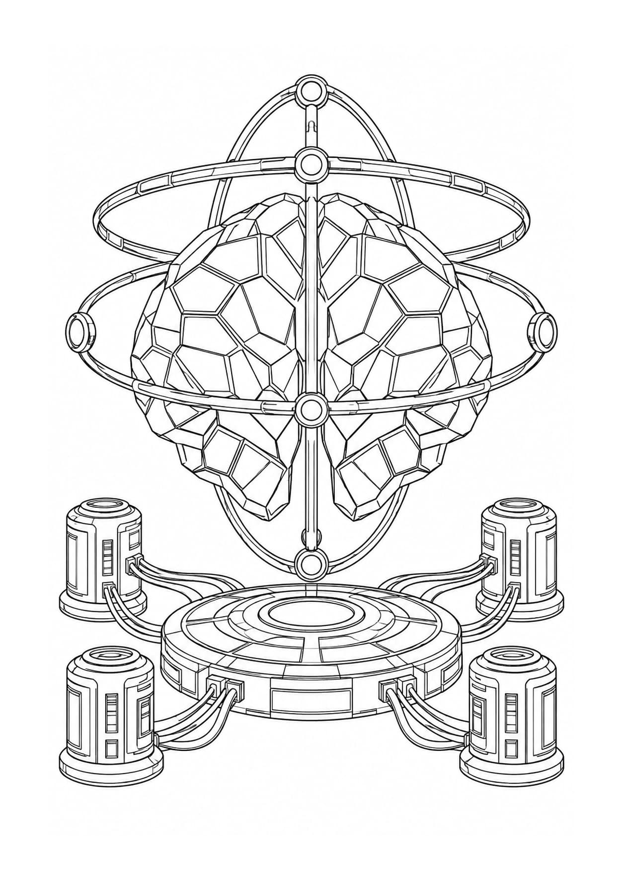 Detailed superintelligence coloring page of a floating geometric brain connected to computer towers