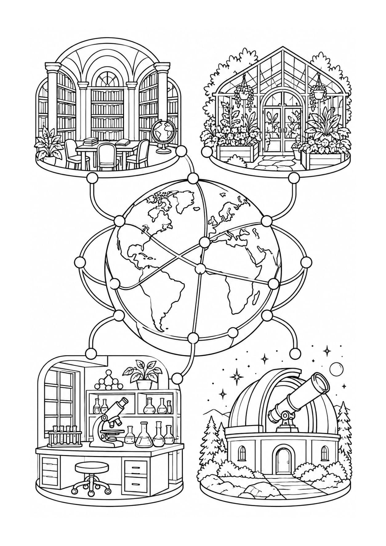 Detailed superintelligence coloring page of a globe linked to a library, laboratory and observatory