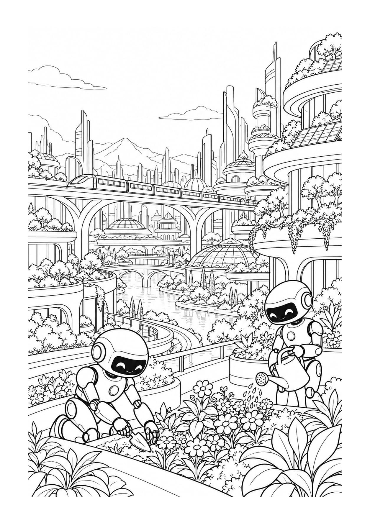 Detailed AI coloring page of a futuristic city with robots, solar panels, gardens and an elevated train