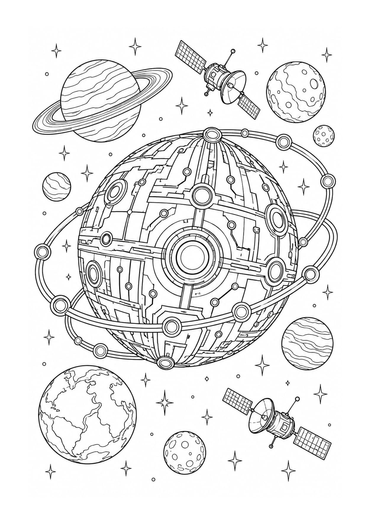 Detailed superintelligence coloring page of a circuit-patterned sphere surrounded by planets and satellites