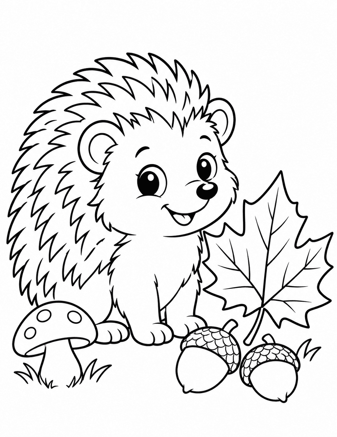 Easy autumn coloring page of a hedgehog beside a maple leaf, acorns and a mushroom