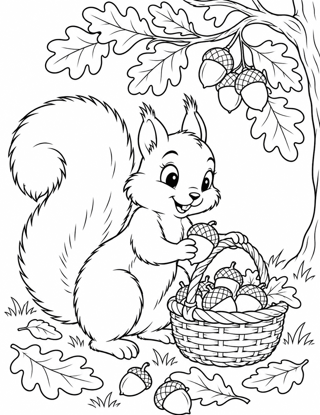 Autumn coloring page of a squirrel collecting acorns in a basket below an oak branch