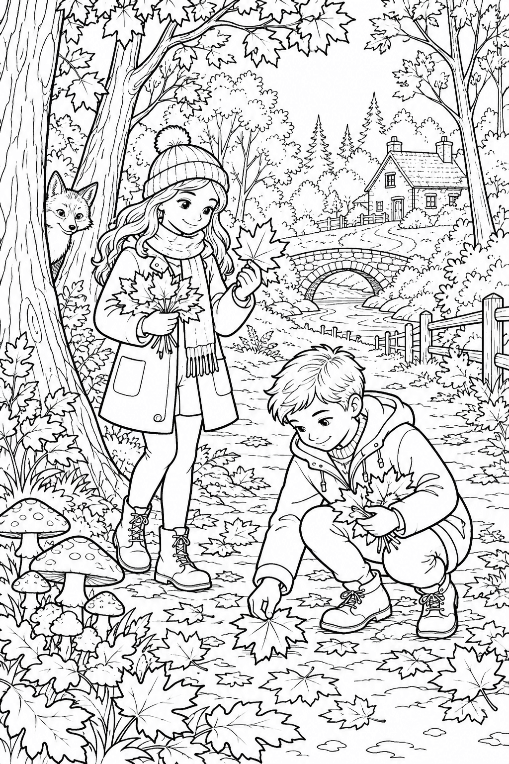 Detailed fall coloring page of children collecting leaves on a woodland walk with a fox and cottage
