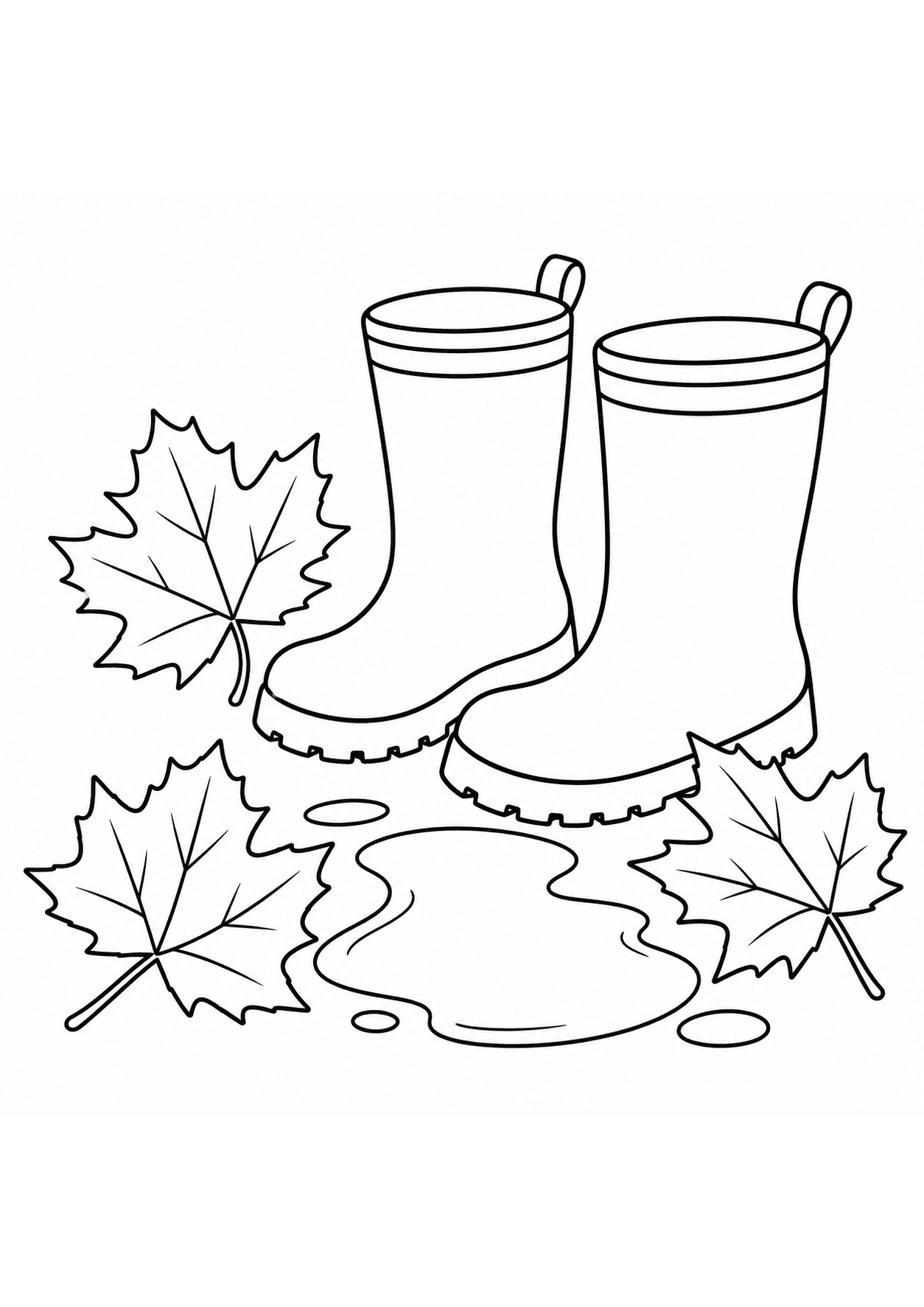 Easy autumn coloring page of rain boots beside fallen leaves