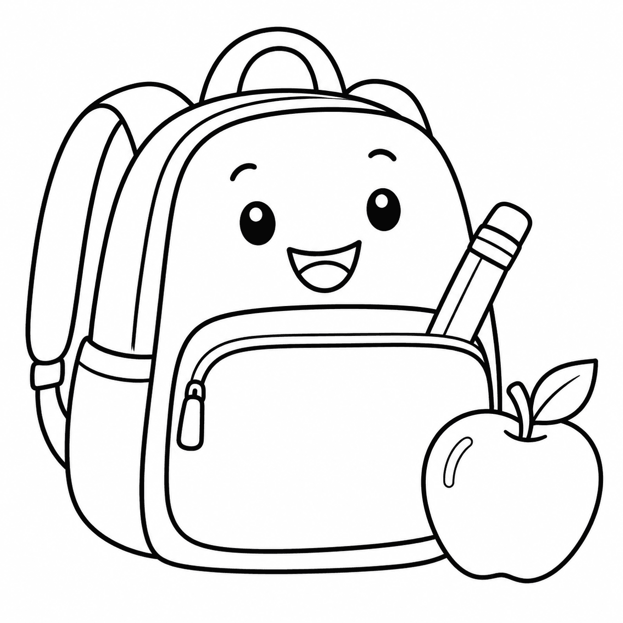 Easy back-to-school coloring page of a backpack with a pencil and apple