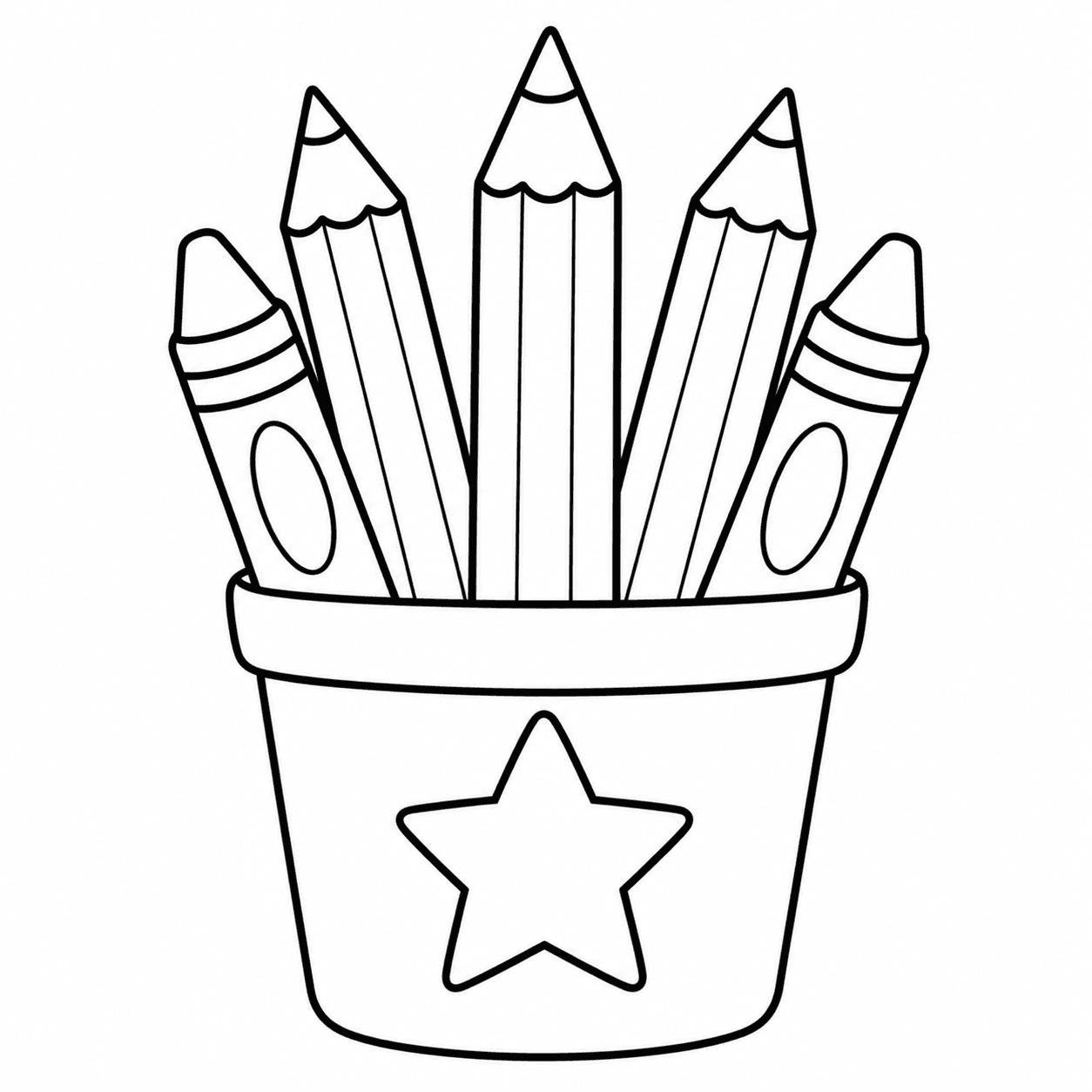 Easy back-to-school coloring page of pencils and crayons