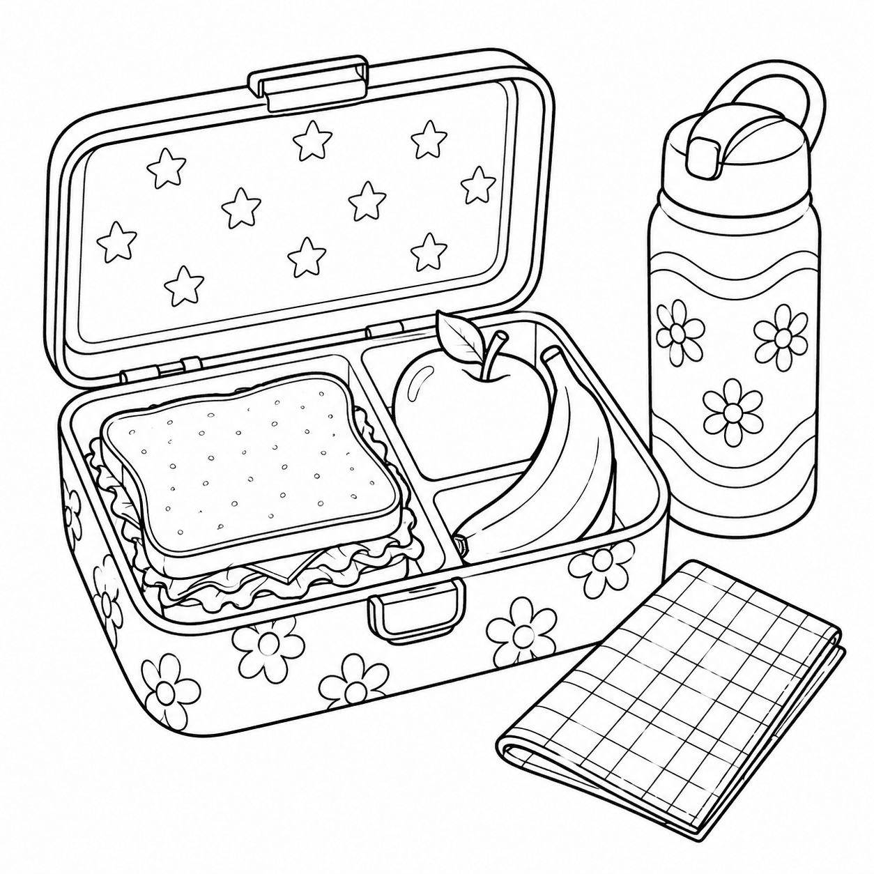 Back-to-school coloring page of an open lunchbox with fruit and a sandwich