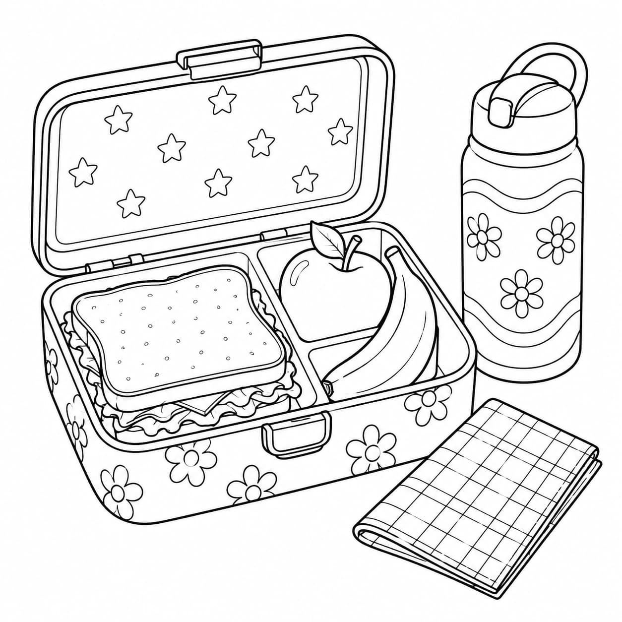 Back-to-school coloring page of an open lunchbox with fruit and a sandwich