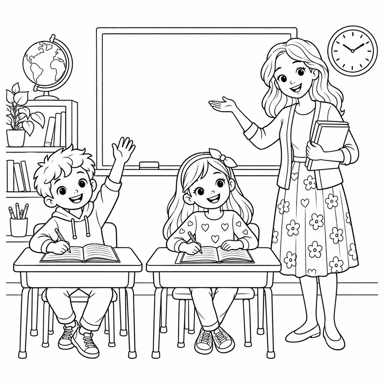 Back-to-school coloring page of children learning in a classroom