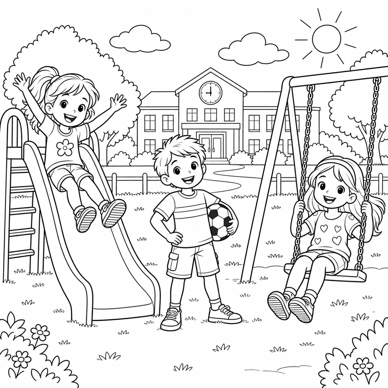 Back-to-school coloring page of children at a school playground