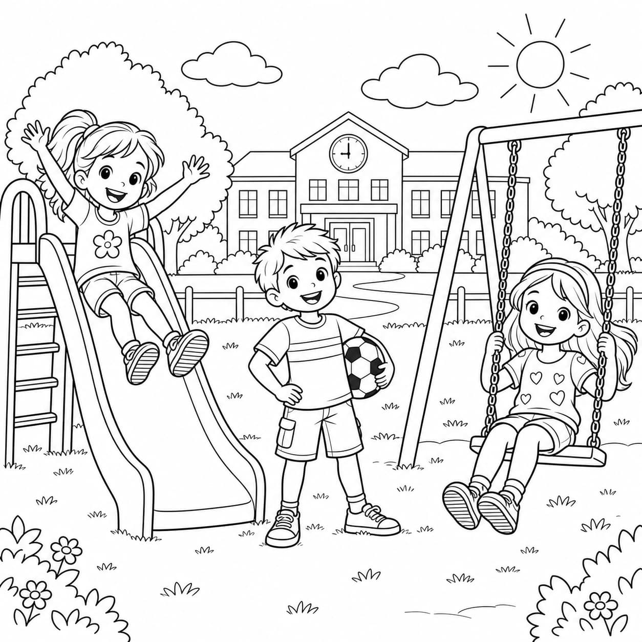Back-to-school coloring page of children at a school playground