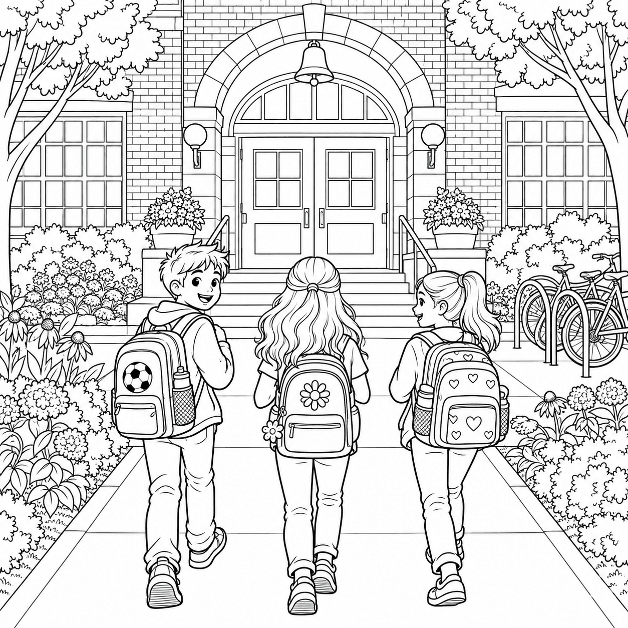 Detailed back-to-school coloring page of children arriving at school