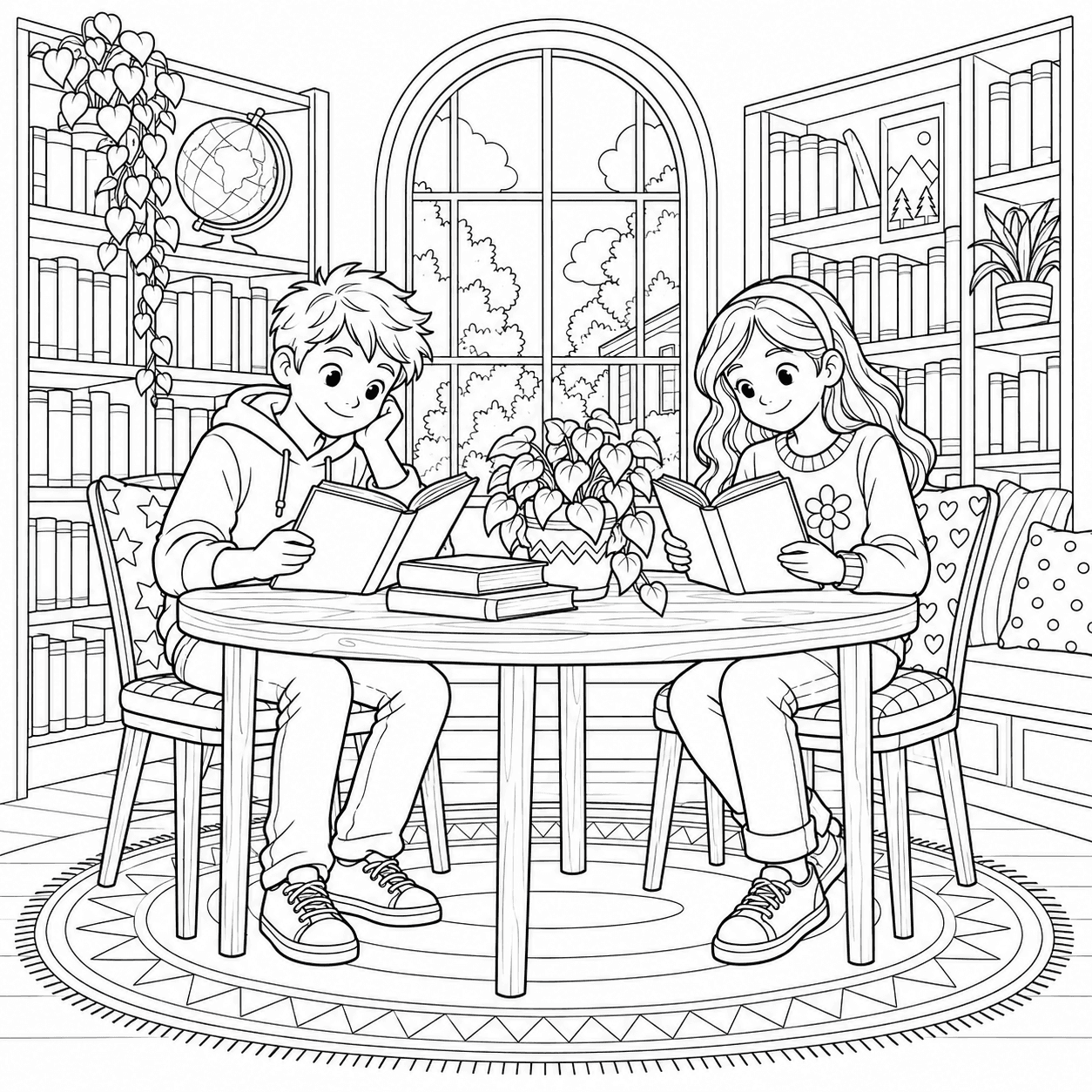 Detailed back-to-school coloring page of children reading in a library