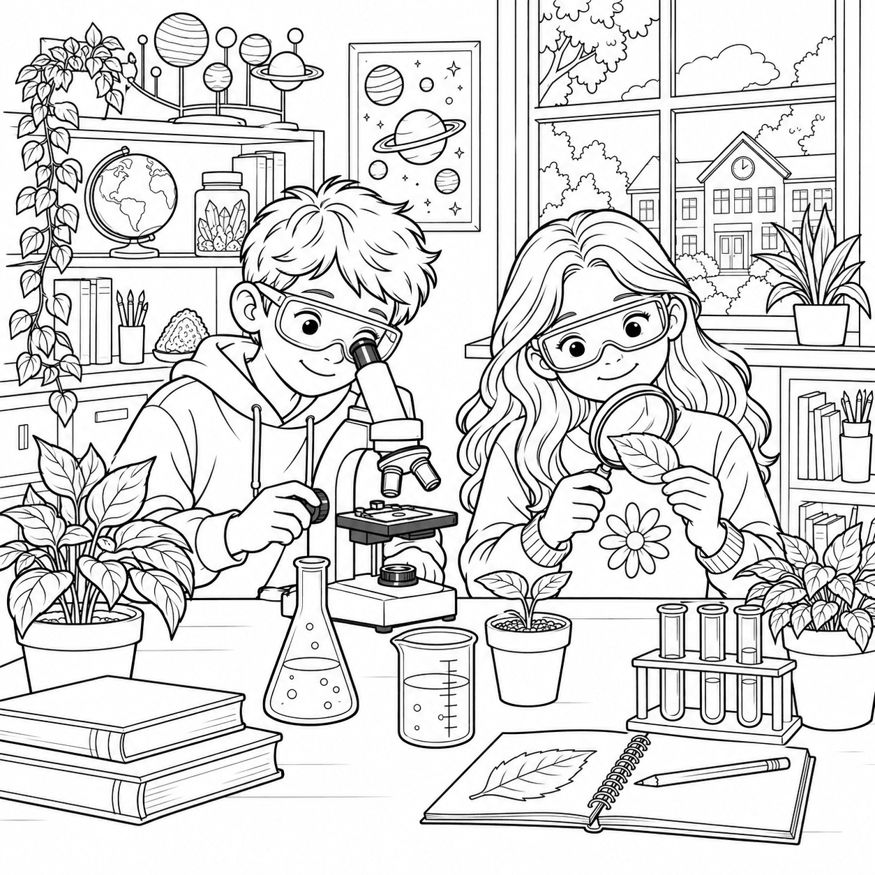 Detailed back-to-school coloring page of children exploring a science classroom