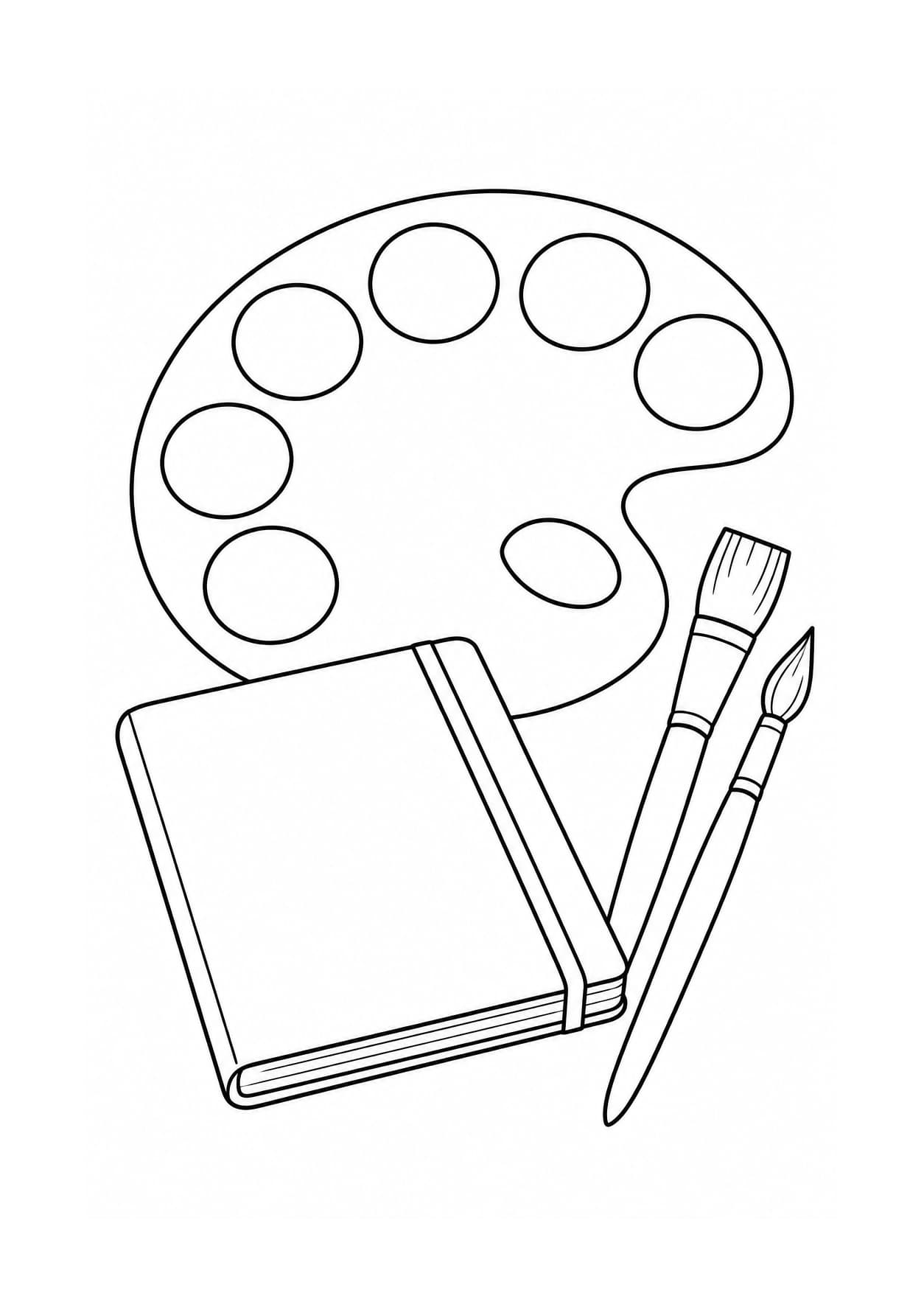 Easy back-to-school coloring page of a paint palette, brushes and sketchbook