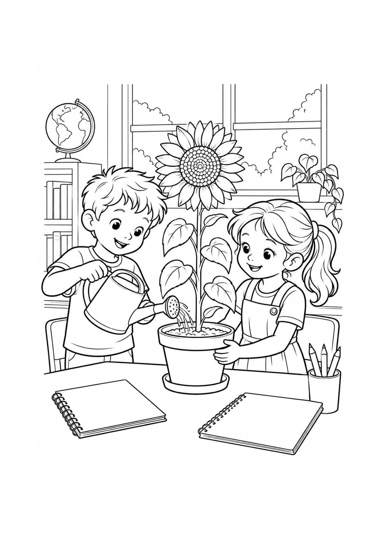 Back-to-school coloring page of children caring for a classroom plant