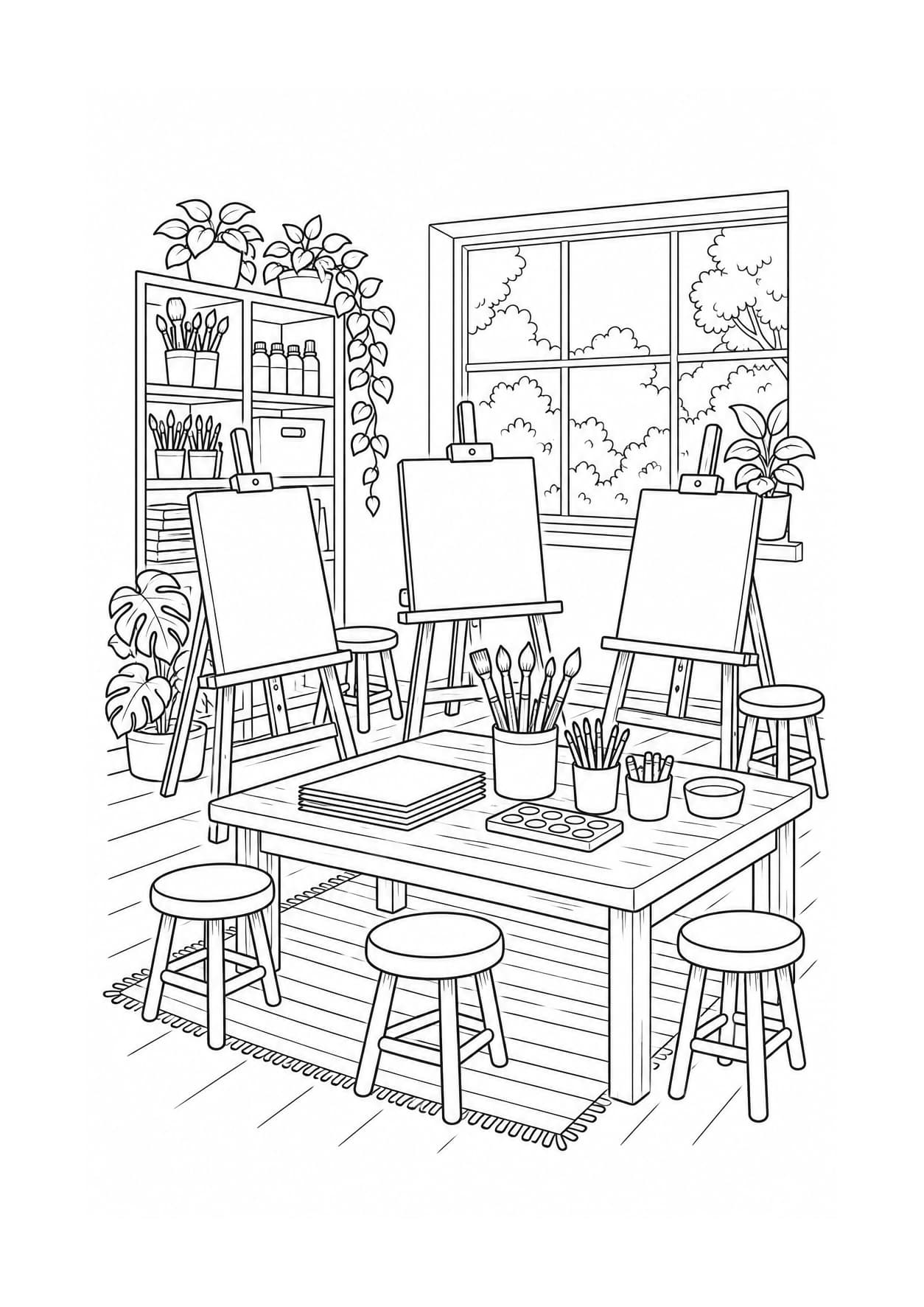Detailed back-to-school coloring page of a classroom art corner