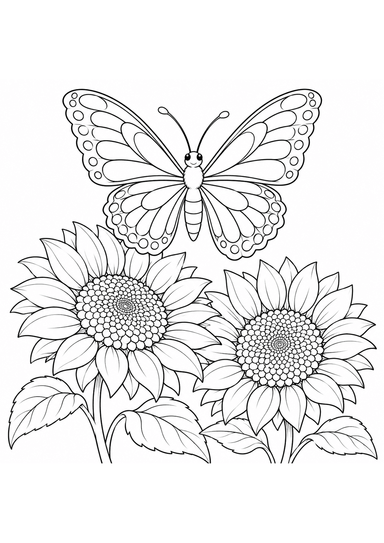 Butterfly coloring page of a patterned butterfly above two sunflowers