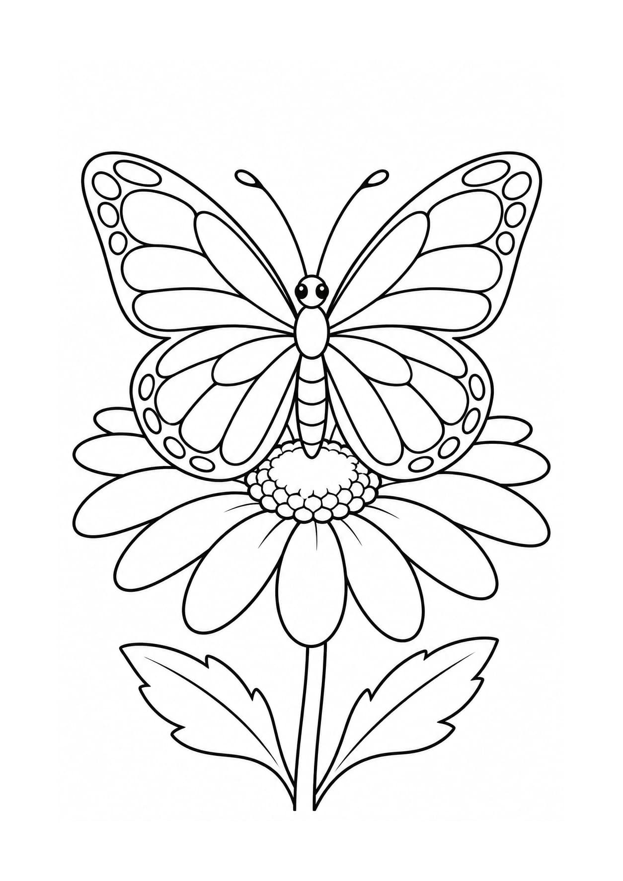 Easy butterfly coloring page of a butterfly resting on a daisy