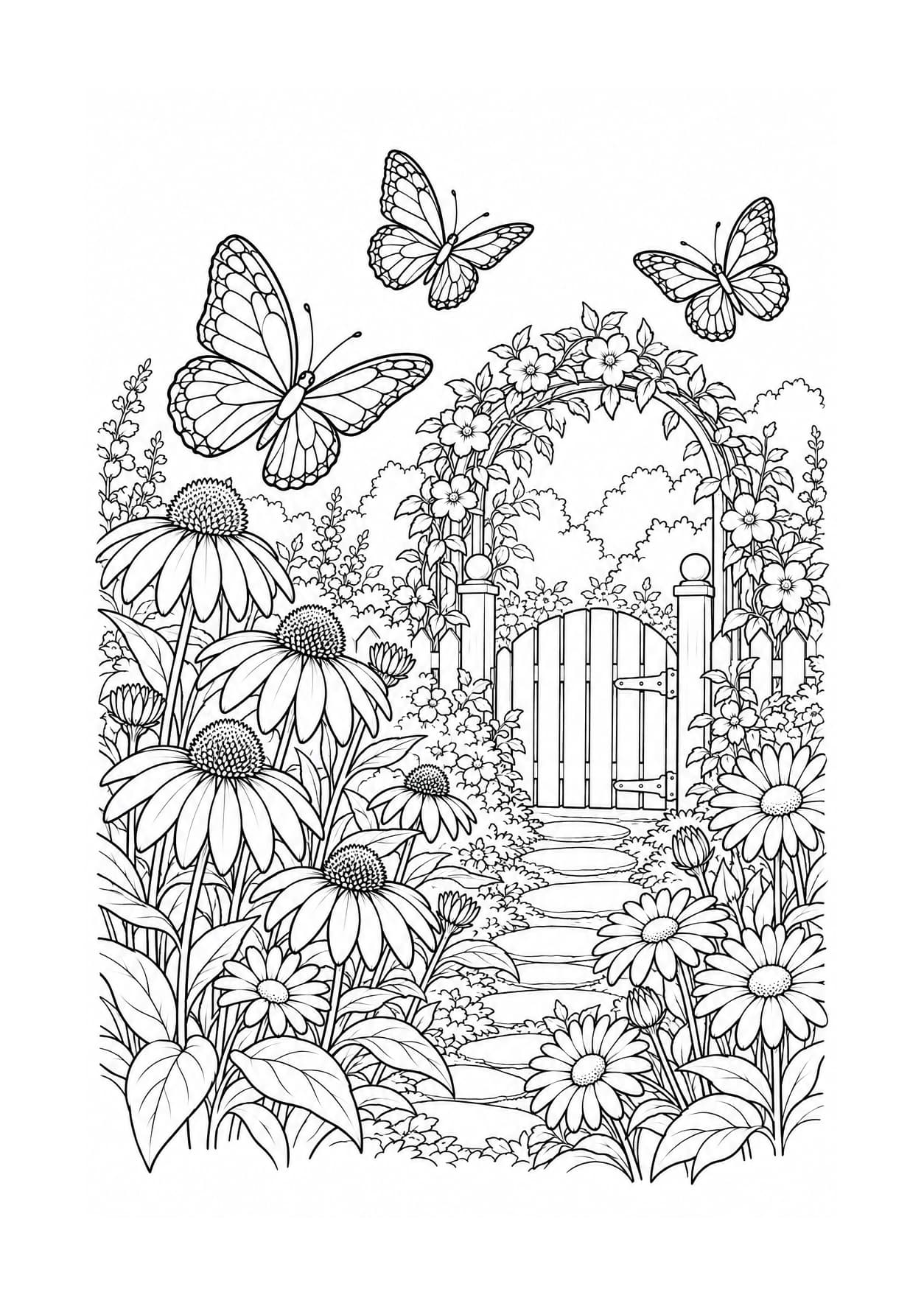 Detailed butterfly coloring page of butterflies in a flower garden
