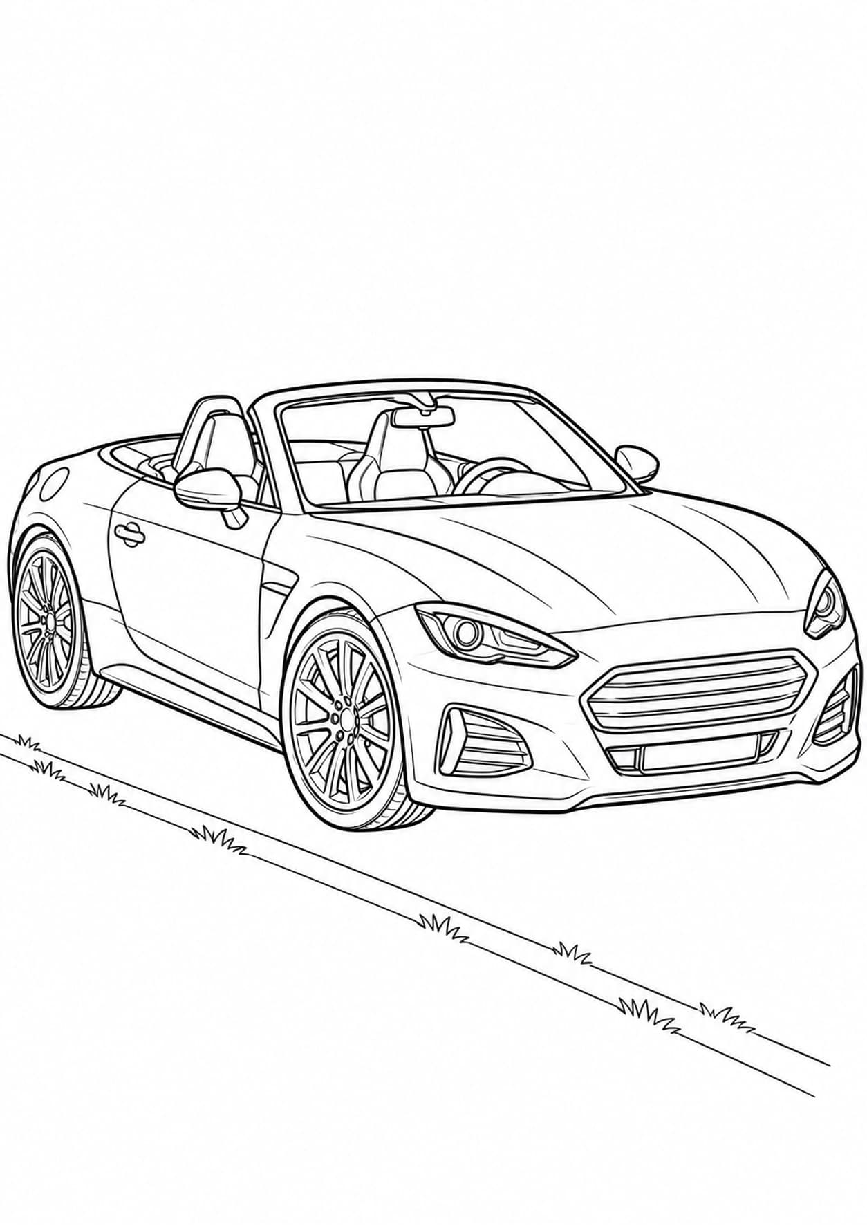 Convertible car coloring page with an open roof and two seats