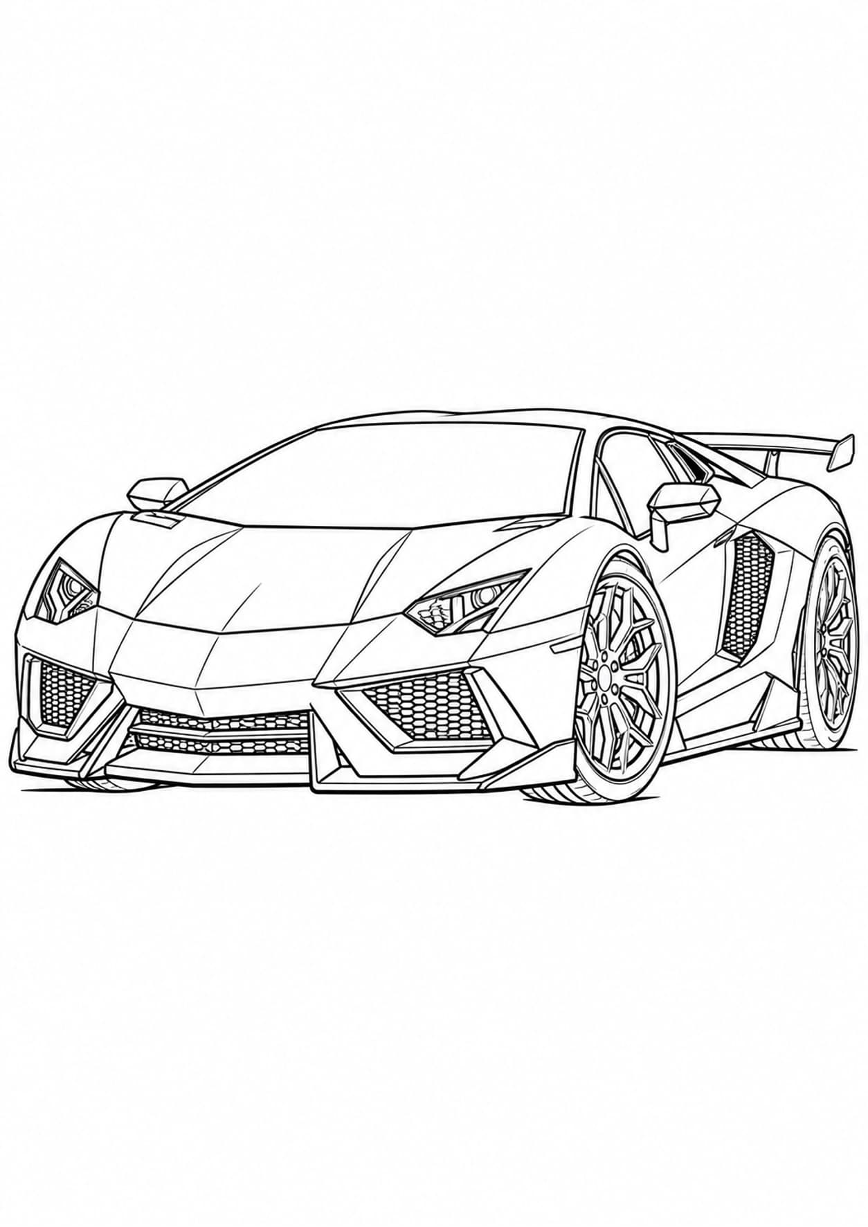 Sports car coloring page of an angular supercar with air intakes and a rear wing