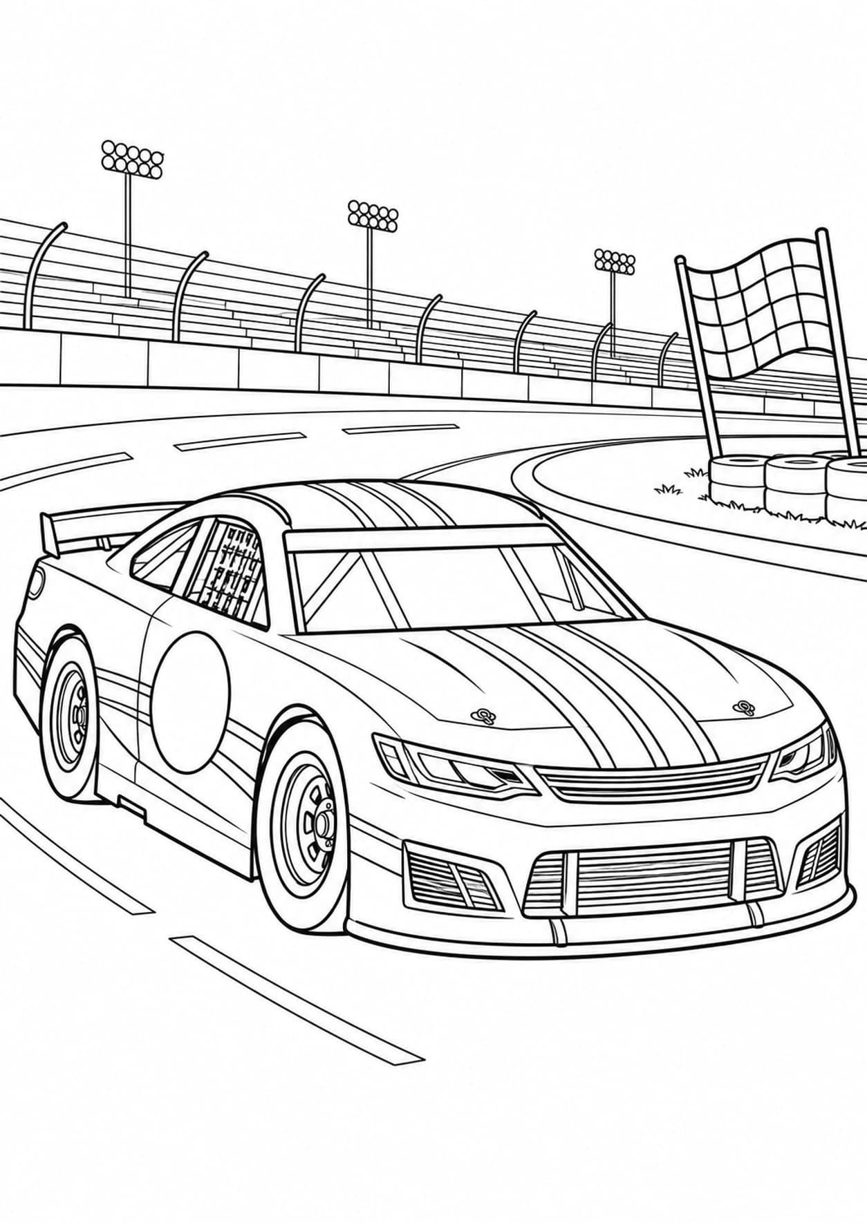 Race car coloring page of a stock car on an oval track beside a checkered flag