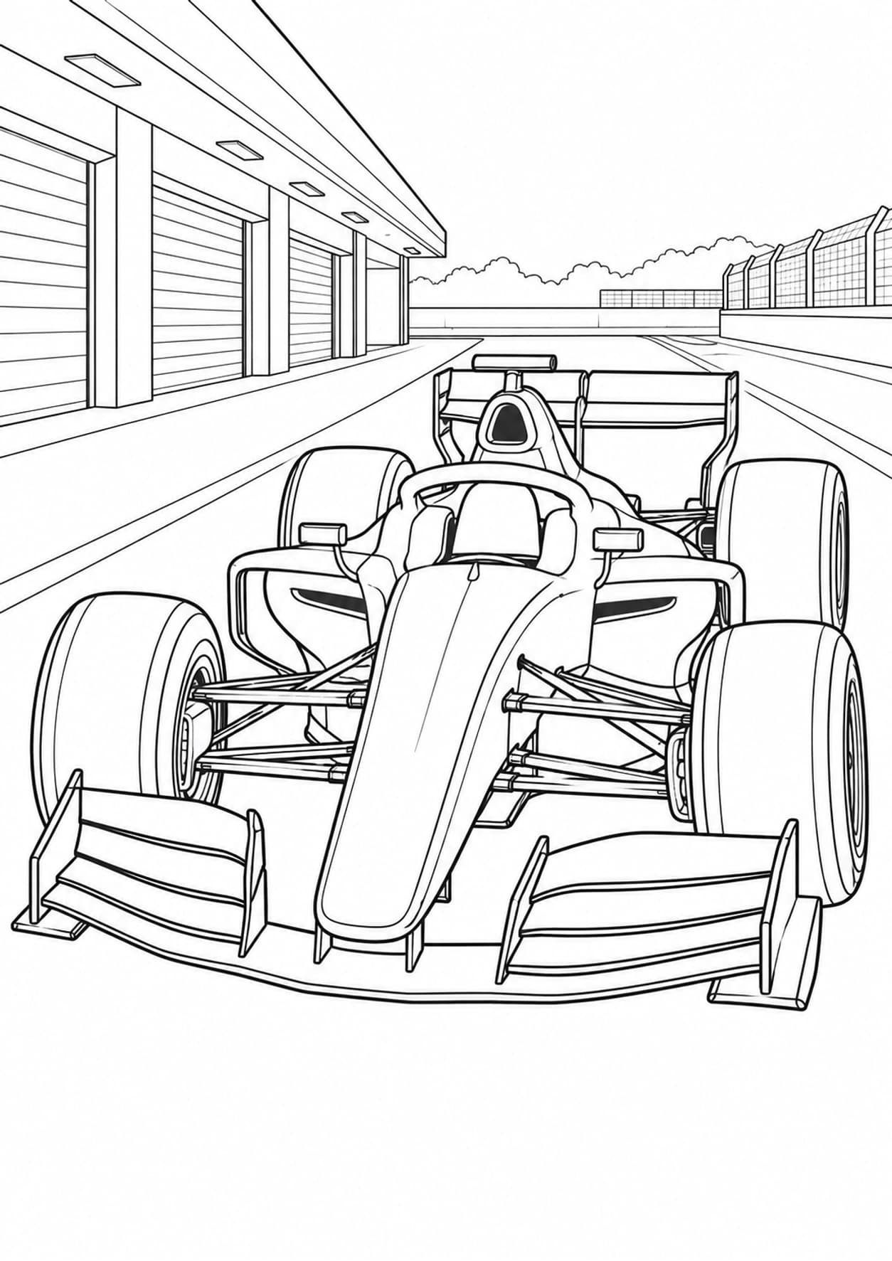 Formula race car coloring page with an open cockpit, exposed wheels and racing wings