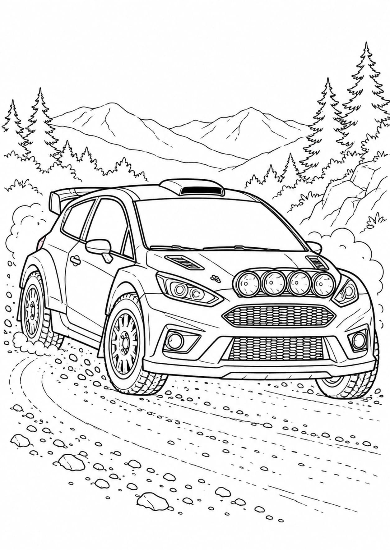 Rally car coloring page of a hatchback with auxiliary headlights on a gravel bend