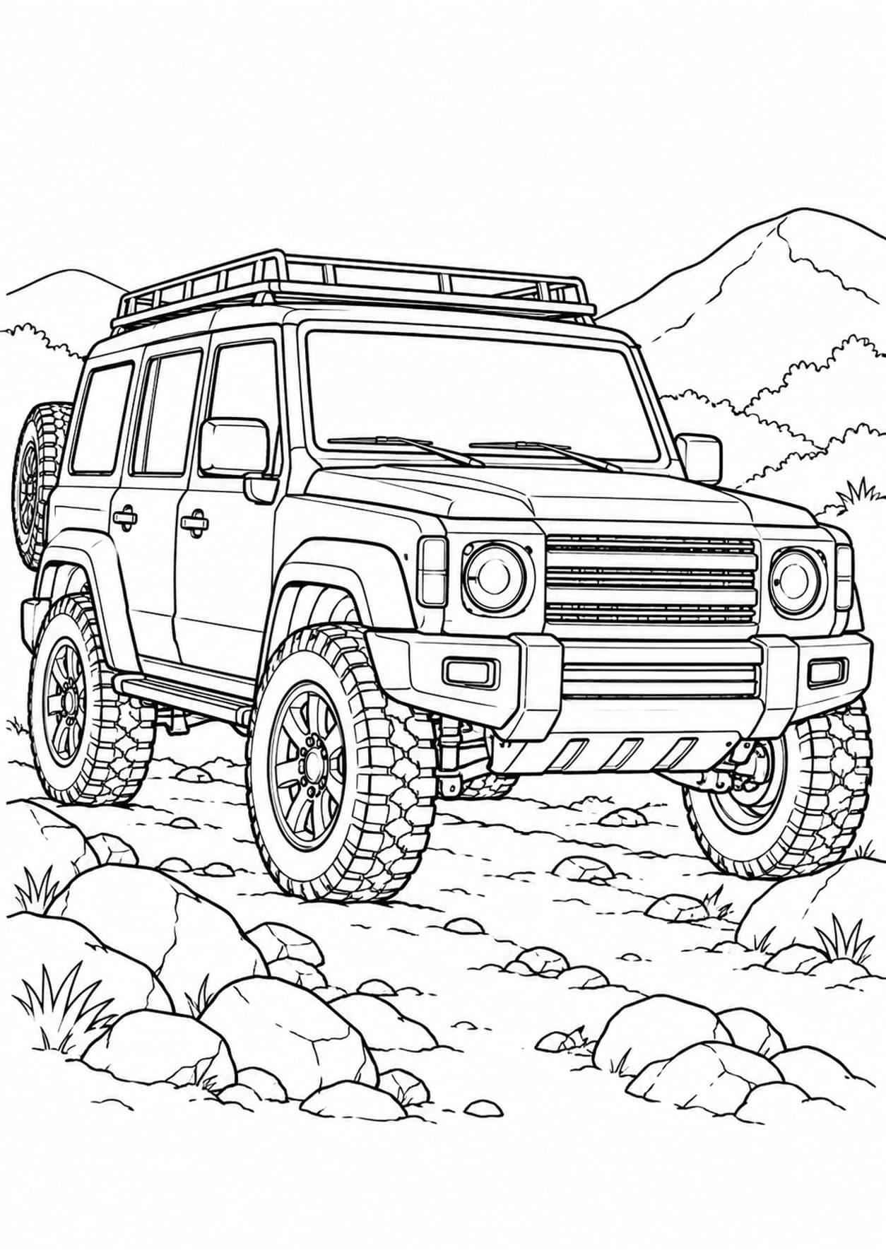 Off-road SUV coloring page of a boxy four-wheel-drive vehicle on a rocky trail