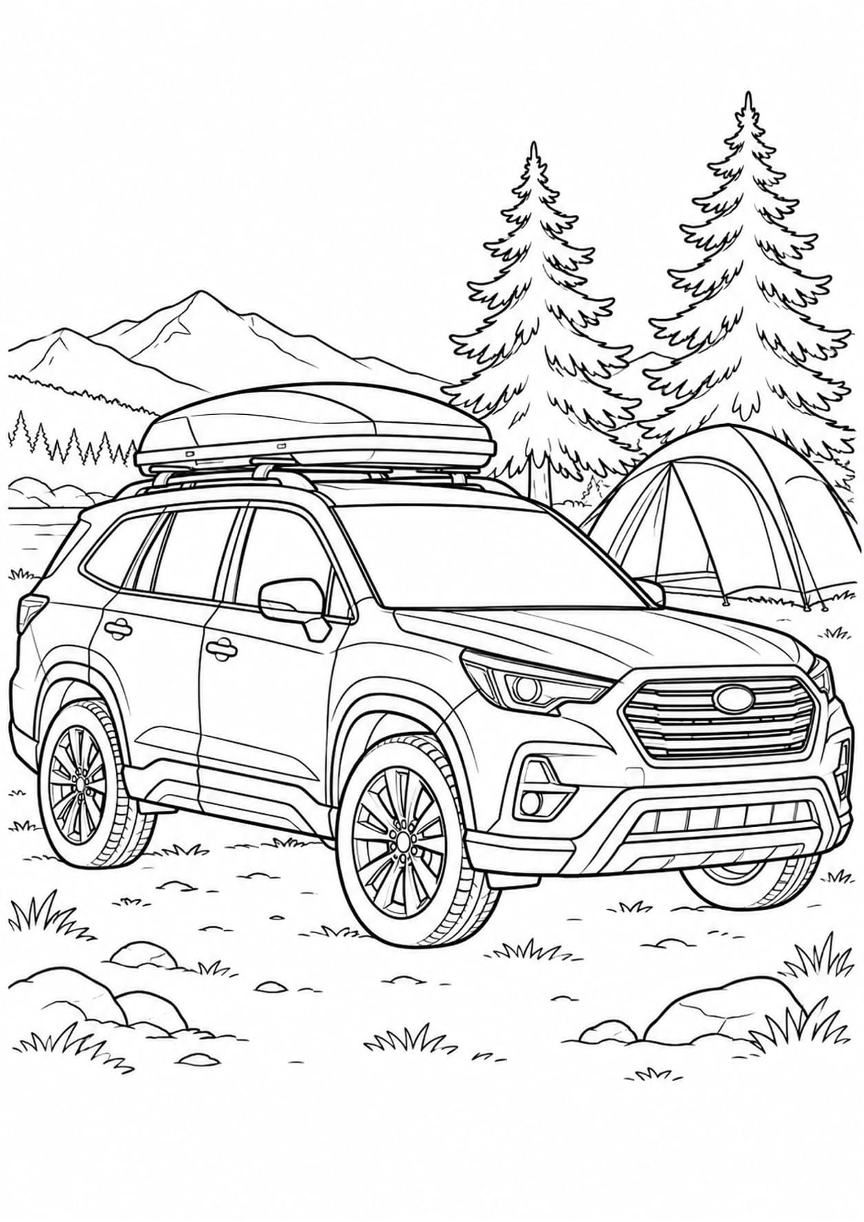 SUV coloring page of a camping vehicle with a roof cargo box beside a tent and pine trees