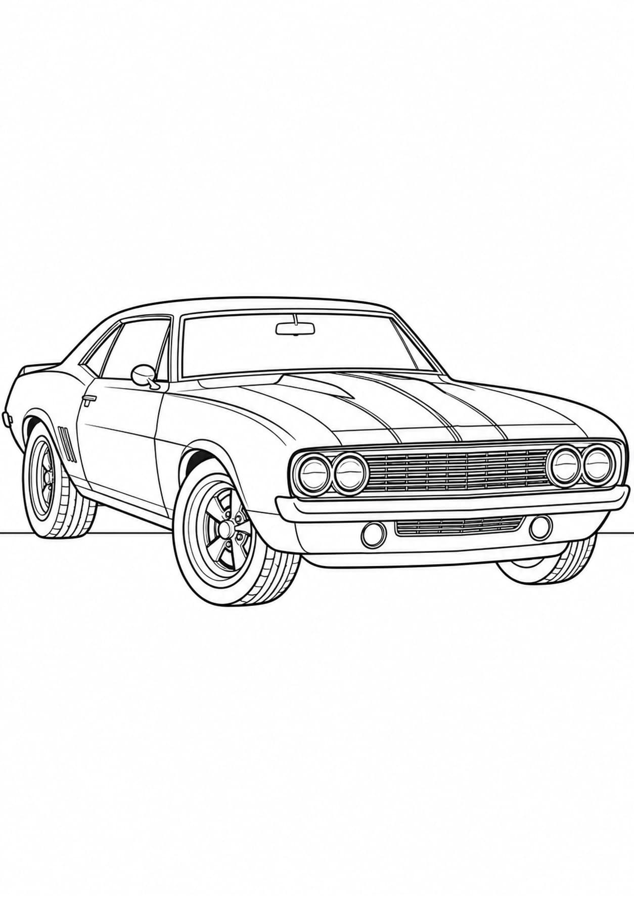 Muscle car coloring page of a classic coupe with a long hood and outlined racing stripes