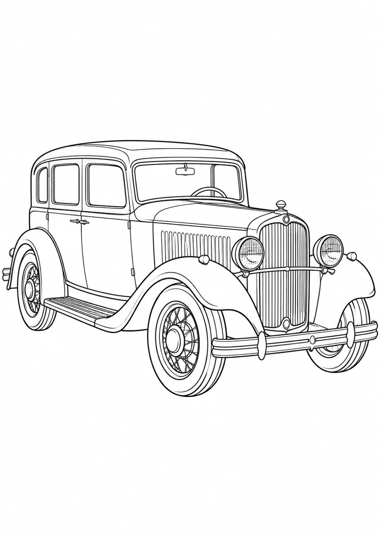 Vintage car coloring page with curved fenders, round headlights and running boards