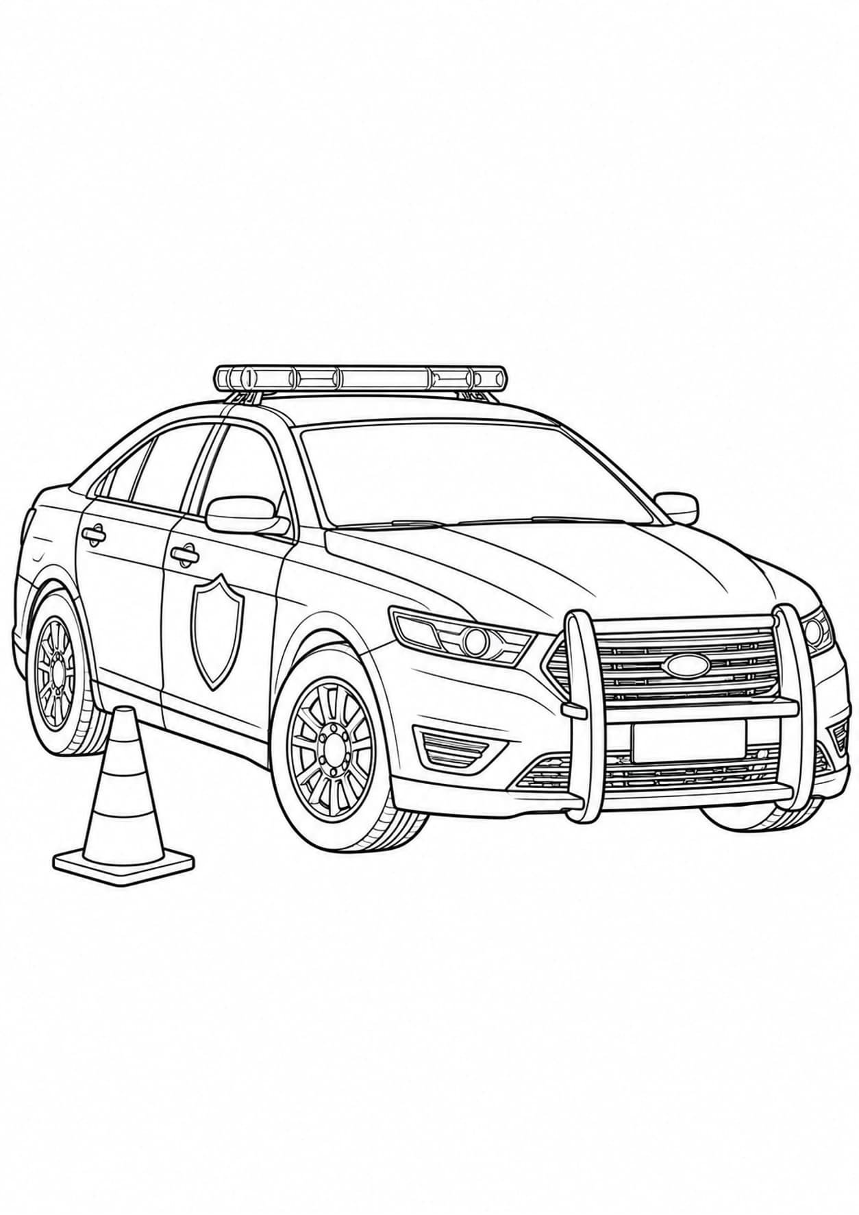 Police car coloring page of a sedan with a rooftop light bar beside a traffic cone