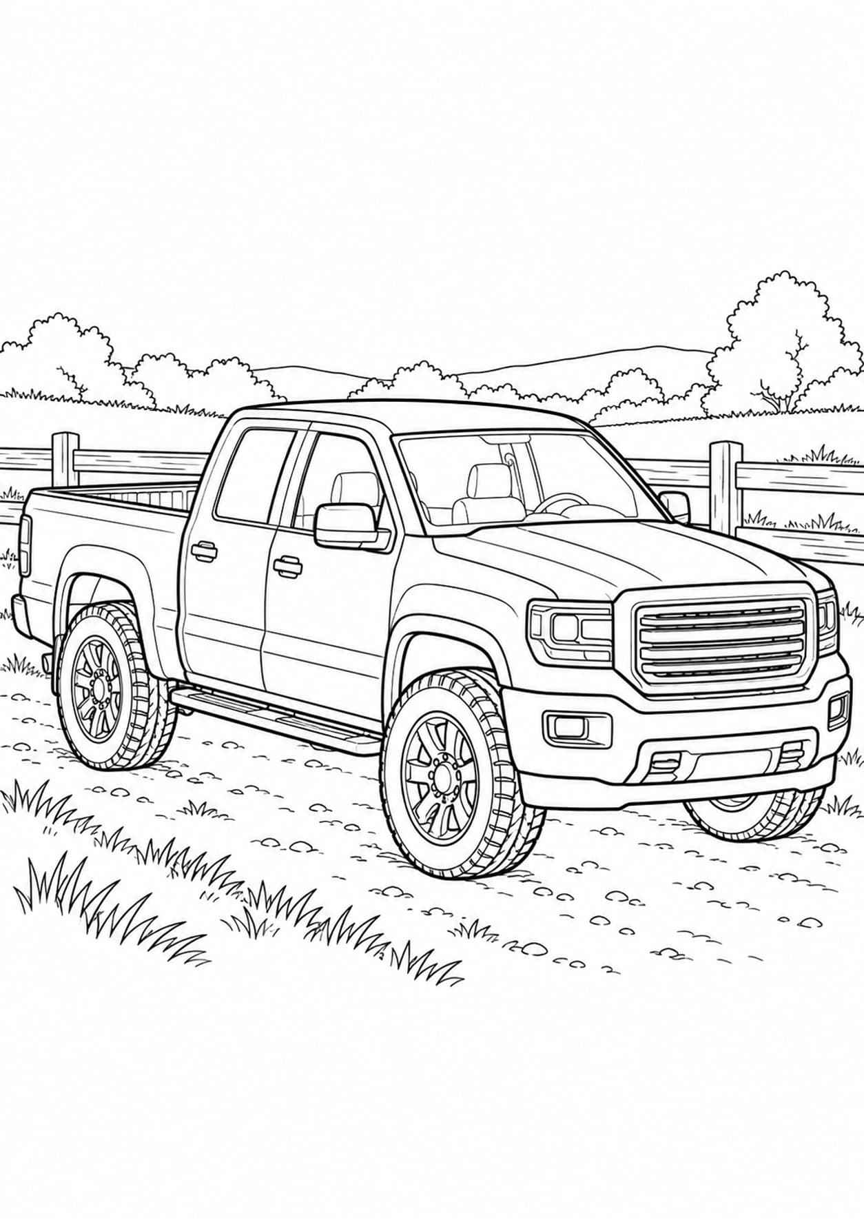 Pickup truck coloring page with an open cargo bed beside a country fence